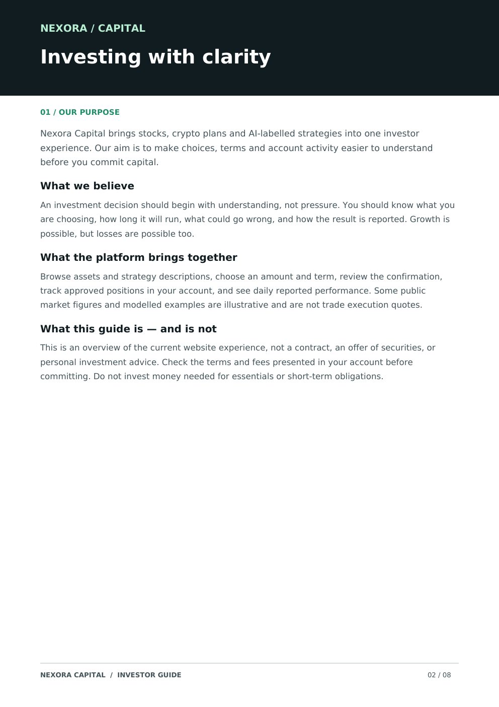 Nexora Capital investor guide, page 2 of 8