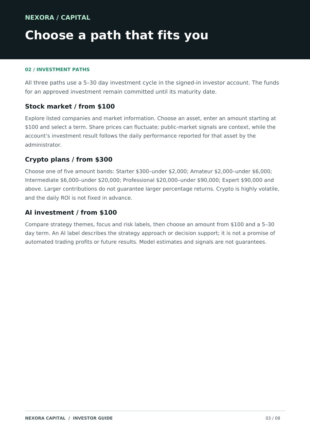 Nexora Capital investor guide, page 3 of 8