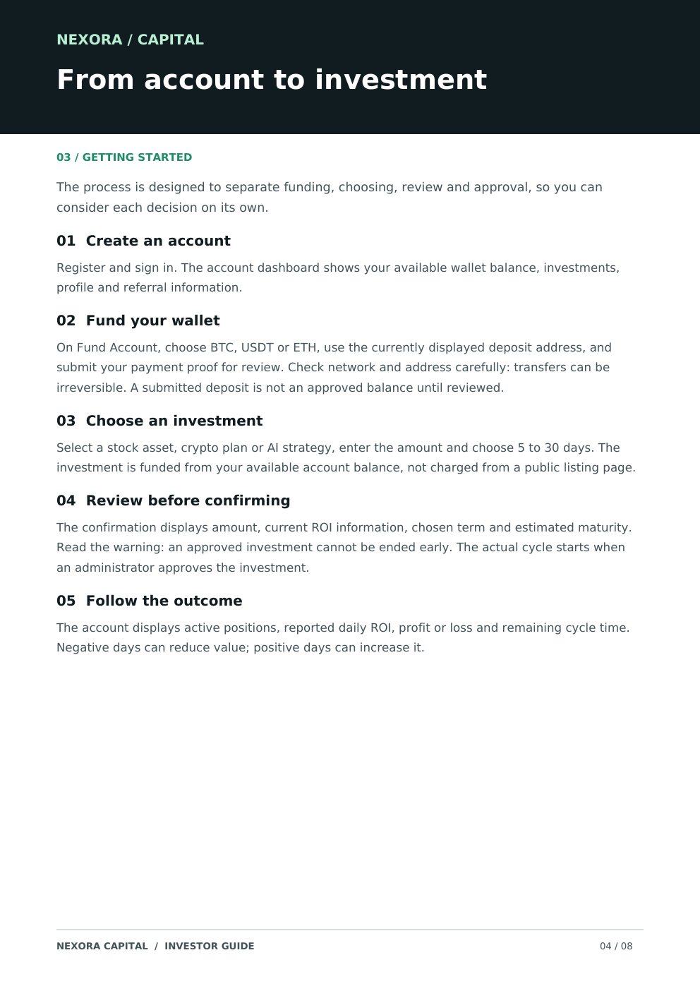 Nexora Capital investor guide, page 4 of 8