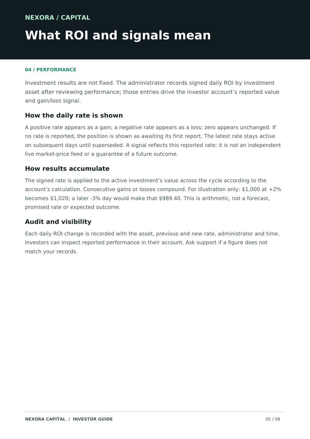 Nexora Capital investor guide, page 5 of 8