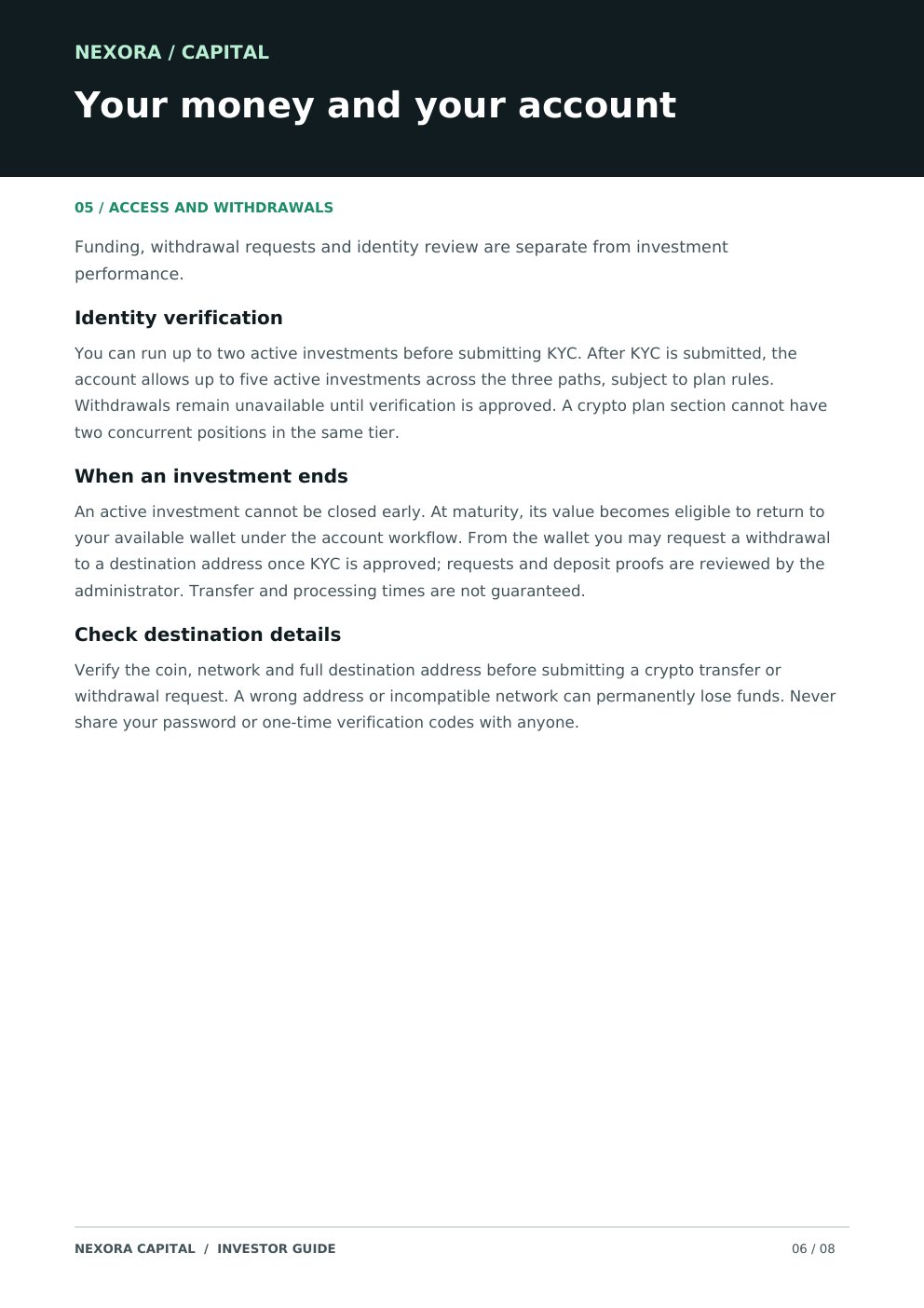 Nexora Capital investor guide, page 6 of 8