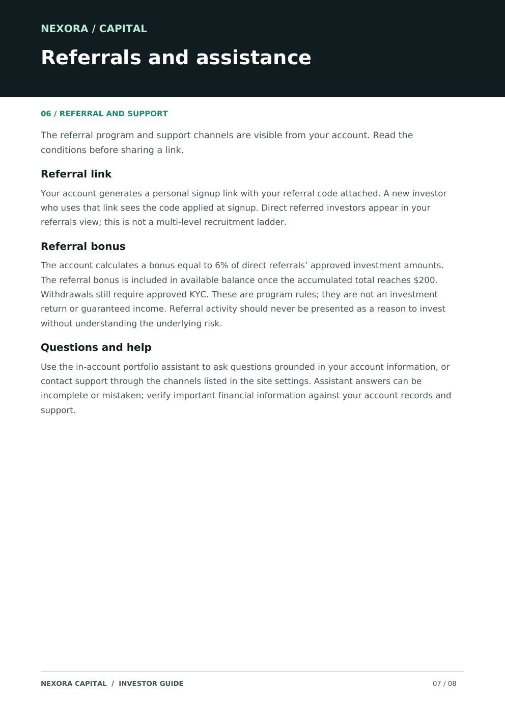 Nexora Capital investor guide, page 7 of 8