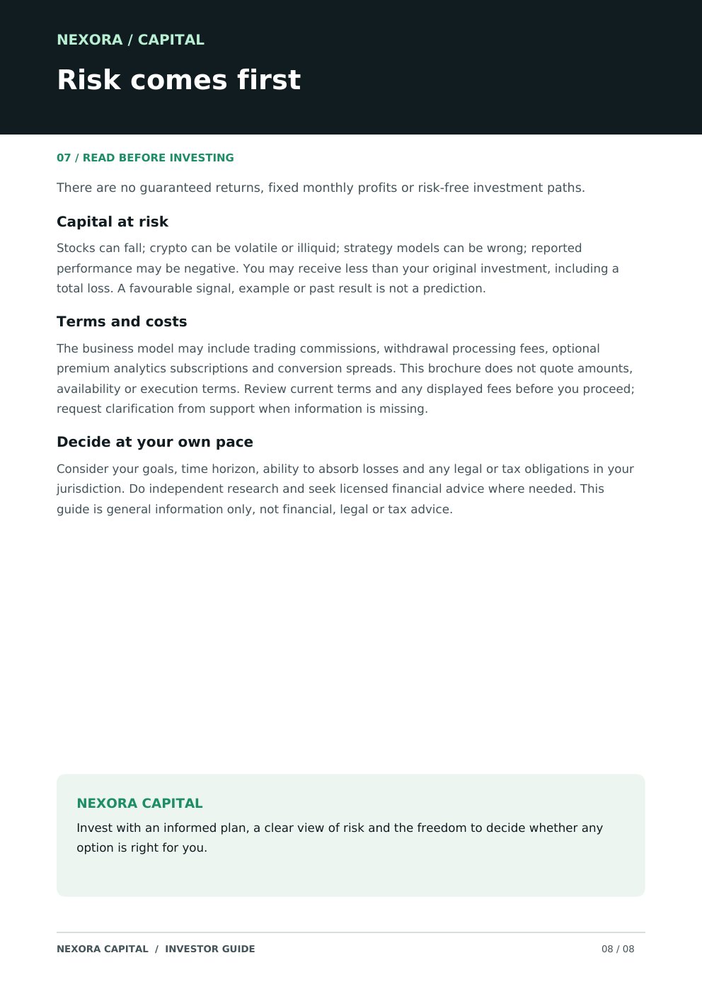 Nexora Capital investor guide, page 8 of 8