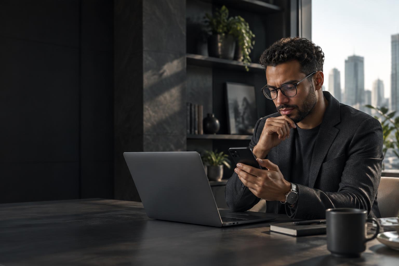 Investor reviewing a phone beside a laptop at a trading workspace
